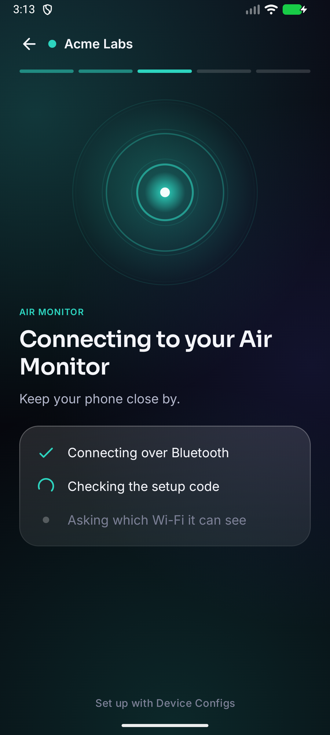 The app connecting to ACME-AIR-DEVK1T01: connected over Bluetooth, checking the setup code