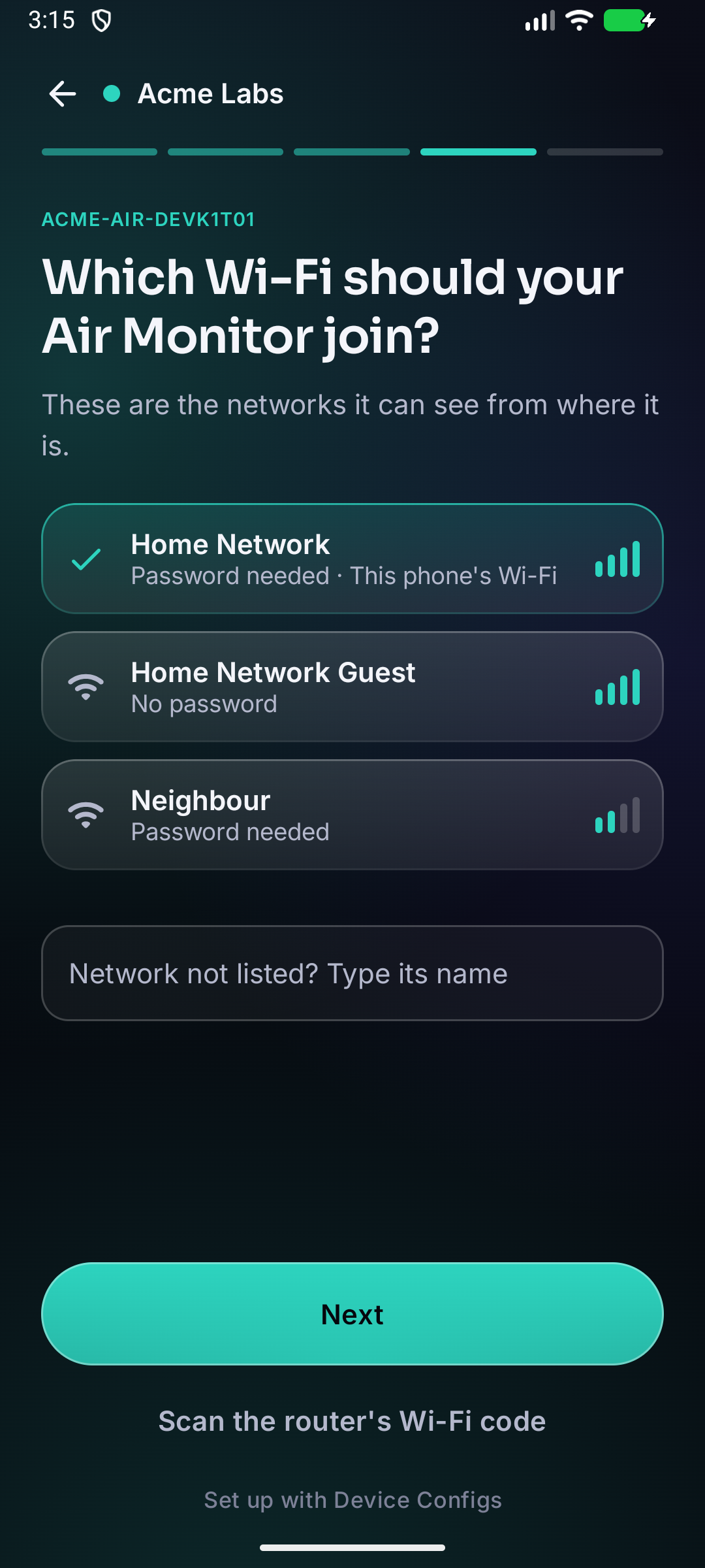 The networks the Air Monitor can see, strongest first, with which need a password