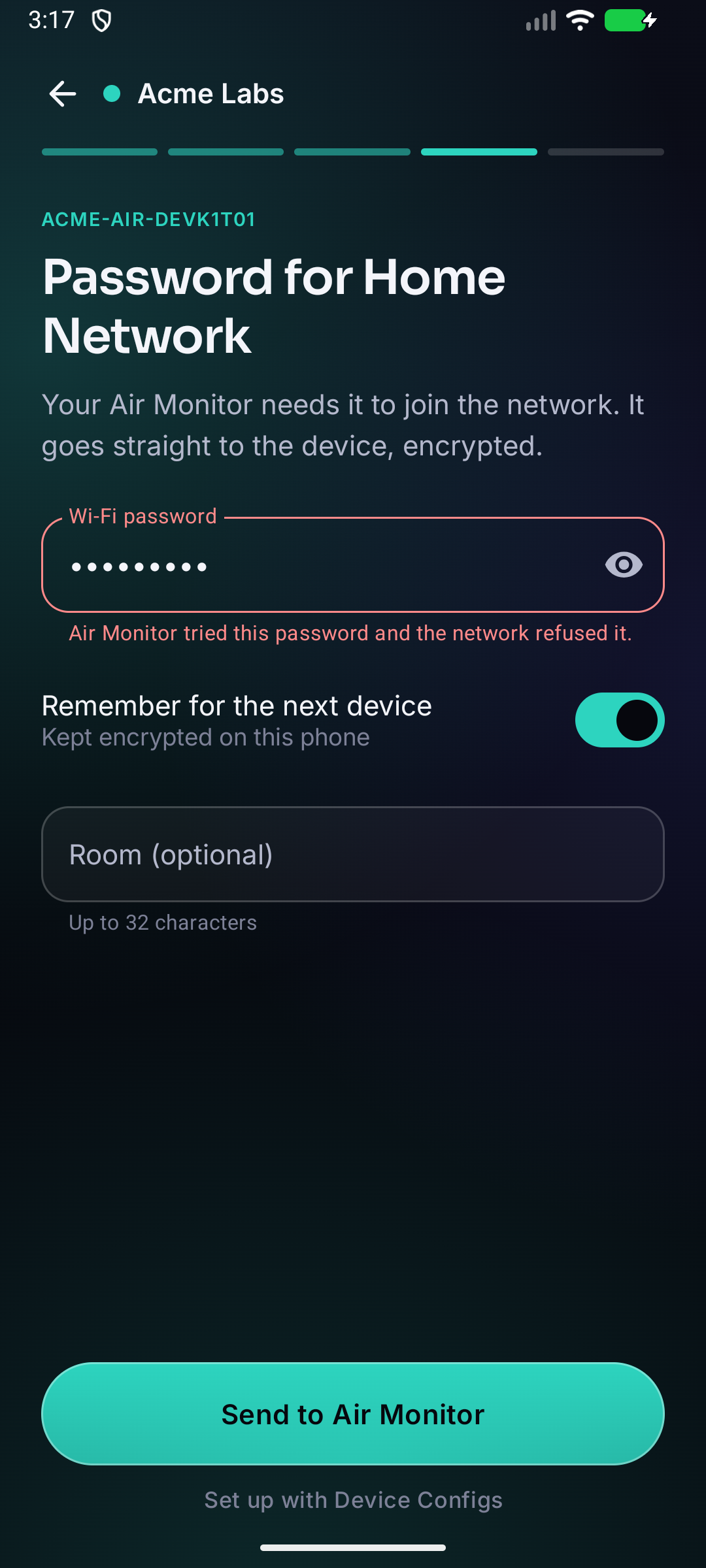 The password screen saying the network refused this password