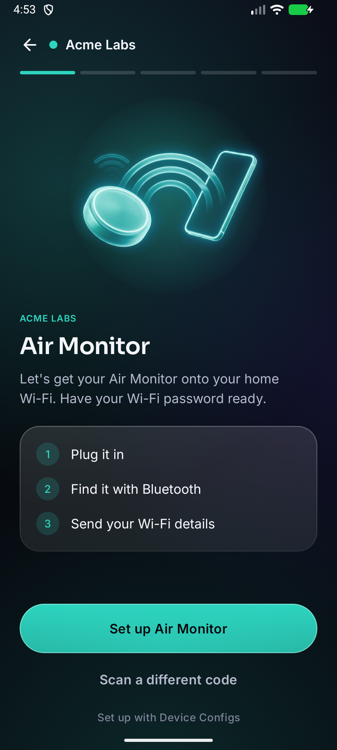 The Device Configs app showing the Air Monitor by Acme Labs, in Acme Labs's colour