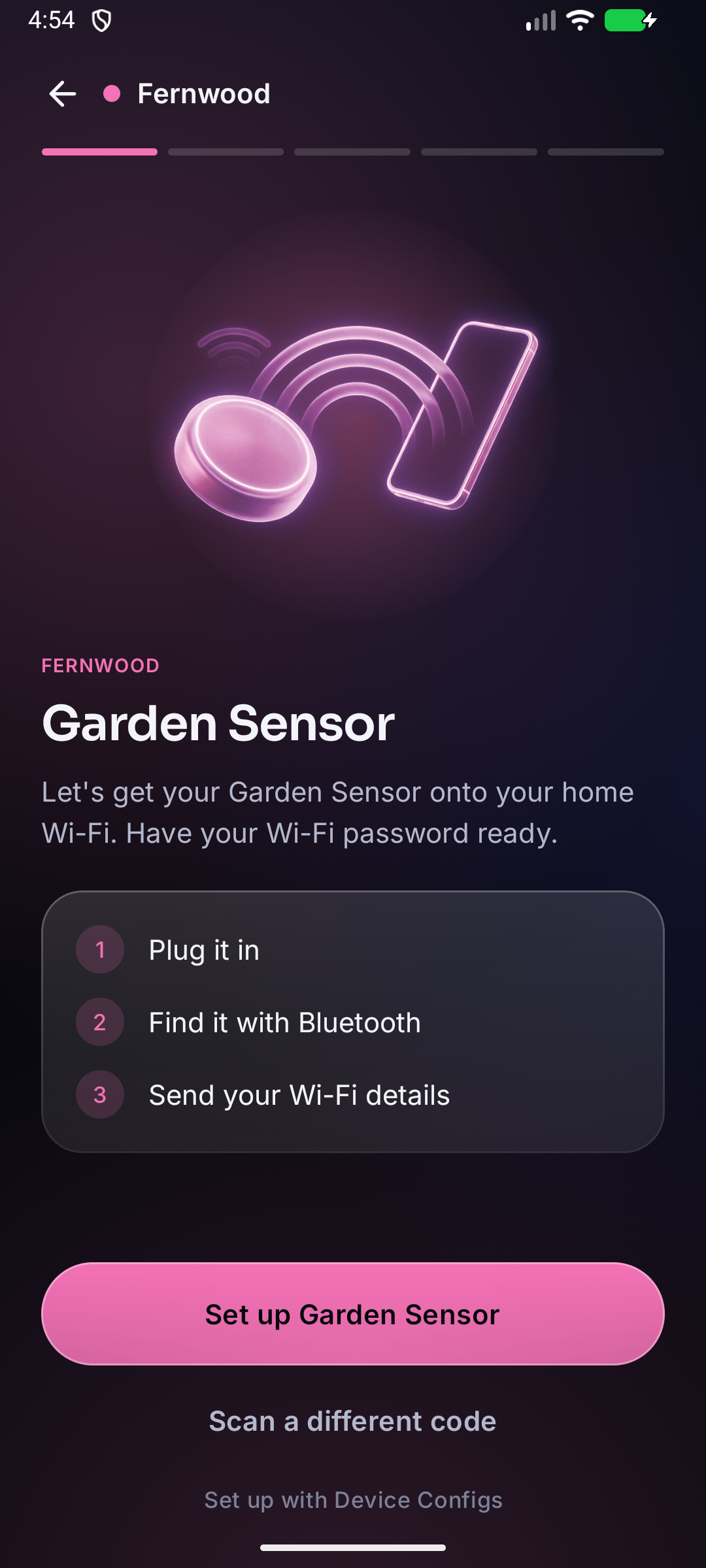 The Device Configs app showing the Garden Sensor by Fernwood, in Fernwood's colour
