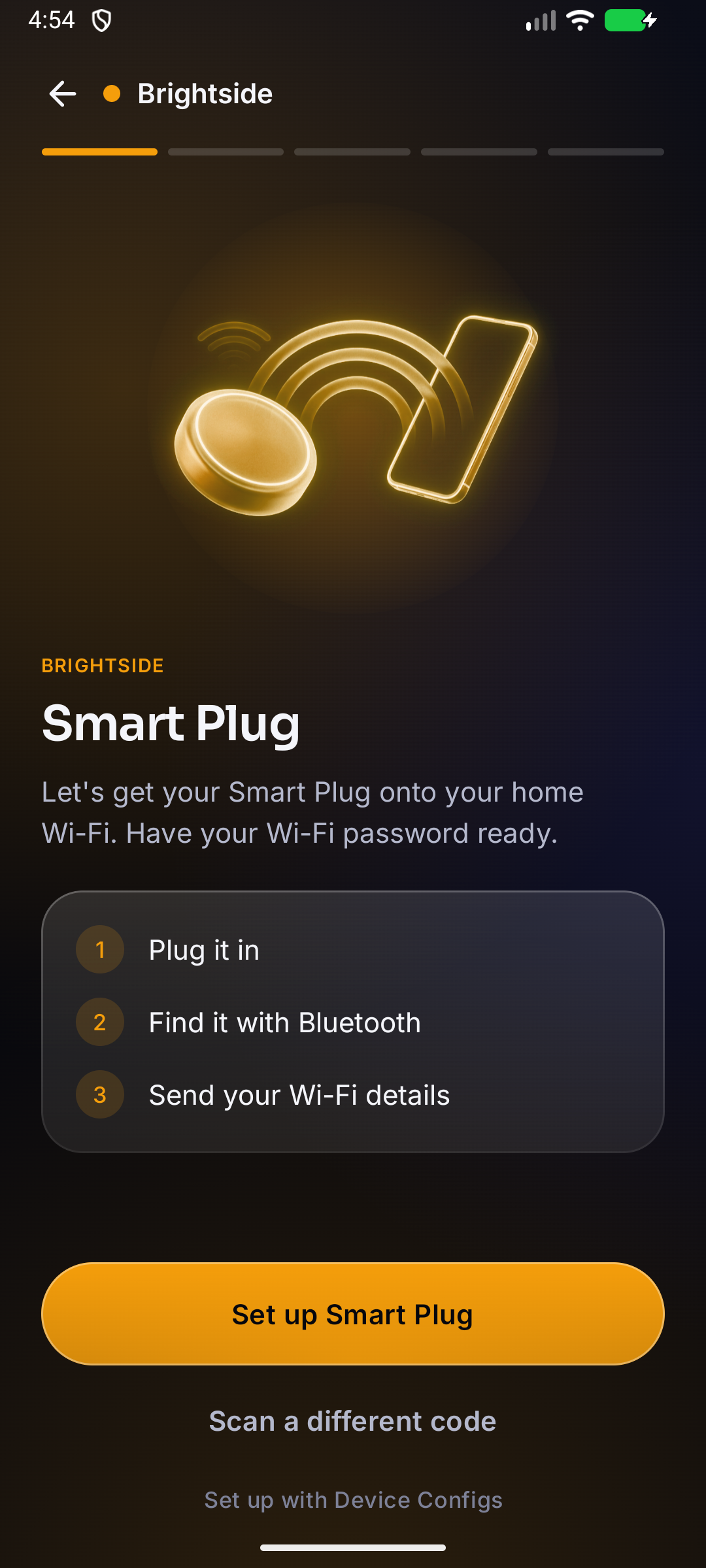 The Device Configs app showing the Smart Plug by Brightside, in Brightside's colour
